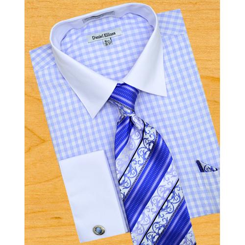 Daniel Ellissa White / Sky Blue Windowpanes Shirt / Tie / Hanky Set With Free Cufflinks DS3762P2